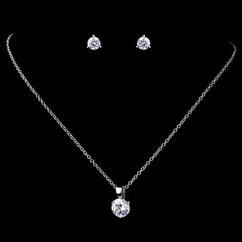 Antique Rhodium Silver Round CZ Crystal Pendent Bridal Wedding Necklace & Earrings Set 9970