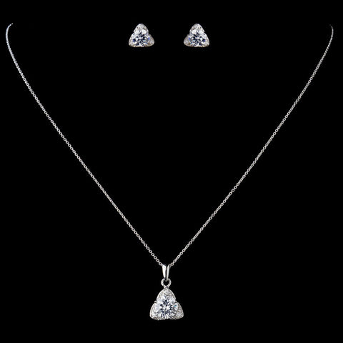 Solid 925 Sterling Silver CZ Crystal Triangle Pendent Drop Bridal Wedding Jewelry Set 9979
