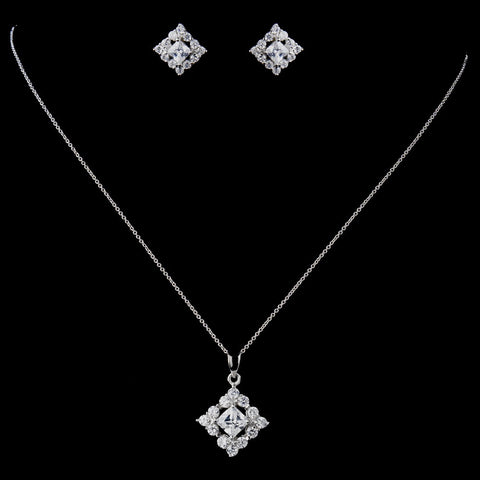 Solid 925 Sterling Silver Square CZ Crystal Pendent Drop Bridal Wedding Jewelry Set 9980
