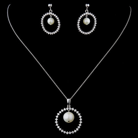 Solid 925 Sterling Silver CZ Crystal & Freshwater Pearl Circle Drop Bridal Wedding Jewelry Set 9985