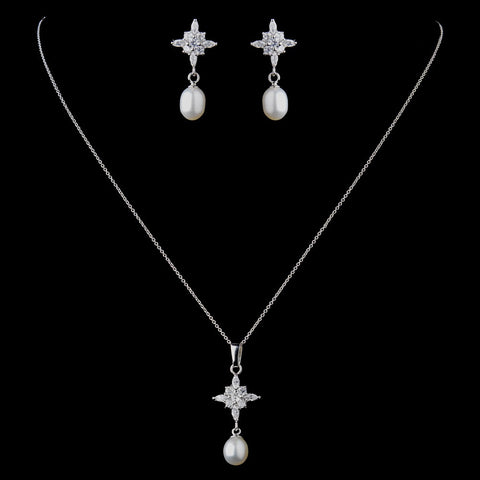 Solid 925 Sterling Silver CZ Crystal Bridal Wedding Necklace & Fresh Water Pearl Drop Bridal Wedding Earrings Set 9986