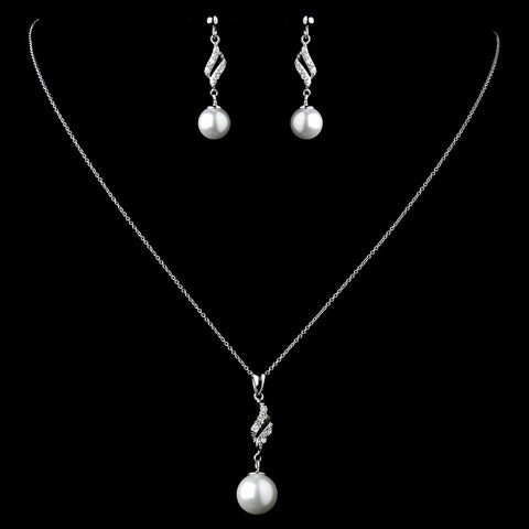 Solid Sterling Silver CZ Crystal & Diamond White Pearl Bridal Wedding Necklace & Earrings Set 9988