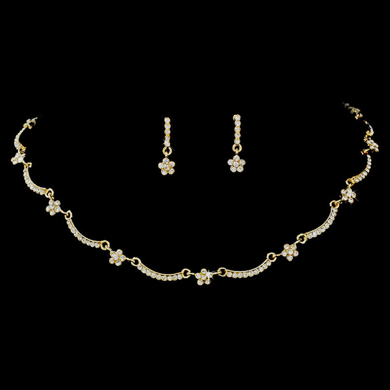 Gold Clear Crystal Flower Bridal Wedding Necklace & Earring Set NE 378