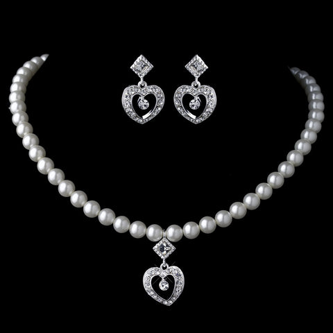 Silver Ivory Pearl & Rhinestone Heart Child's Bridal Wedding Jewelry Set 466
