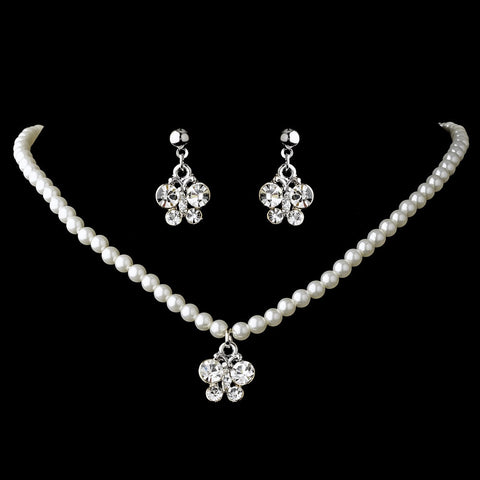 Childrens Silver Butterfly Pearl Crystal Bridal Wedding Jewelry Set NE 7949
