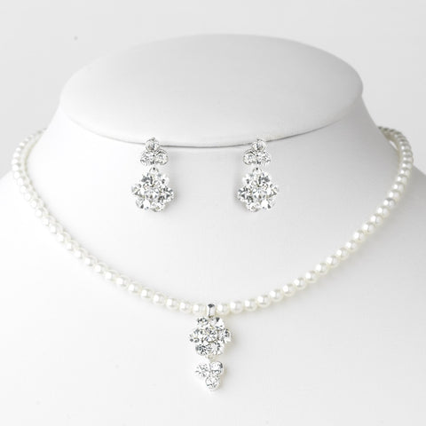 Child's Silver Pearl & Rhinestone Bridal Wedding Jewelry Set 9759