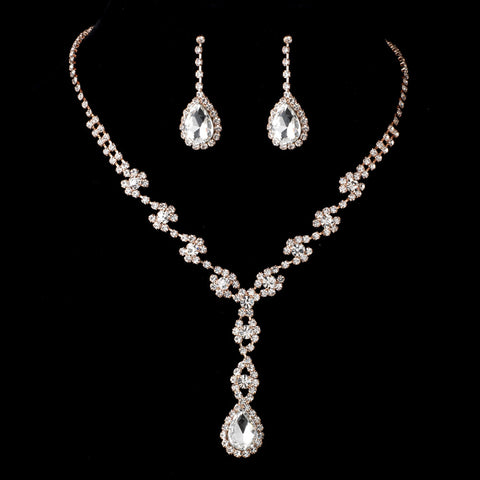 Rose Gold Clear Crystal Rhinestone Dangle Bridal Wedding Jewelry Set 298