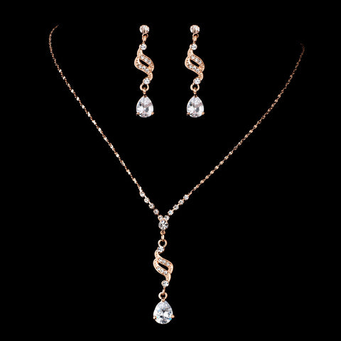 Rose Gold Clear Teardrop CZ Crystal Dangle Bridal Wedding Jewelry Set 304