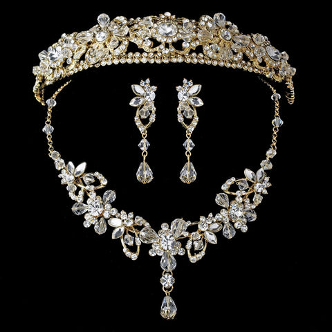 Light Gold Swarovski Bridal Wedding Necklace Earring Set NE 8308 & Bridal Wedding Headband 8273