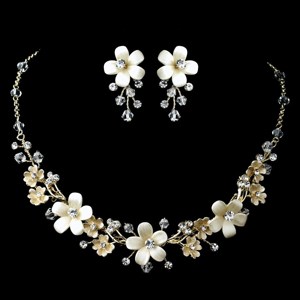 Gold Ivory Flower Bridal Wedding Jewelry Set with Rhinestones Swarovski Crystal Beads
