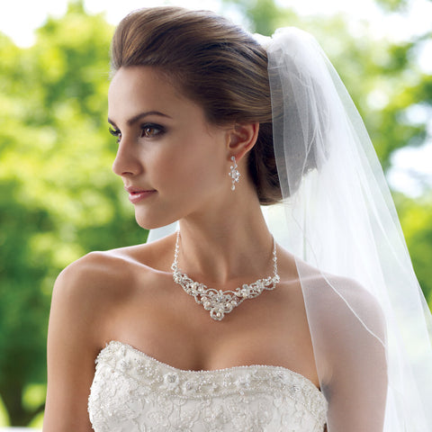 Silver Freshwater Pearl & Crystal Jewelry 7825 & Bridal Wedding Tiara 1810 Set