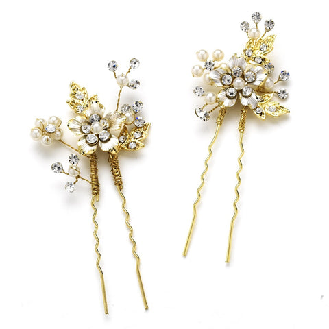 Pearl and Rhinestone Floral Bridal Wedding Hair Pin 039 Gold