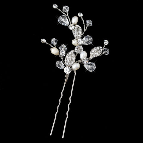 Silver Freshwater Ivory Pearl & Swarovski Crystal Leaf Pin 11202