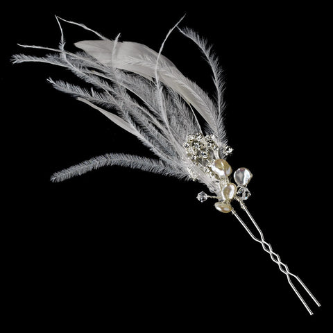 * Ivory Feather Rhinestone Swarovski Pearl Bridal Wedding Hair Pin Fascinator - Pin 113