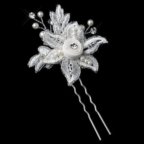 Silver Ivory Pearl & Rhinestone Fabric Flower Pin 11746