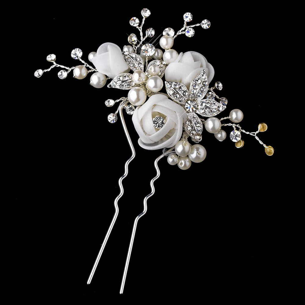 Organza Rose Bridal Wedding Hair Pin 124 (White or Ivory)