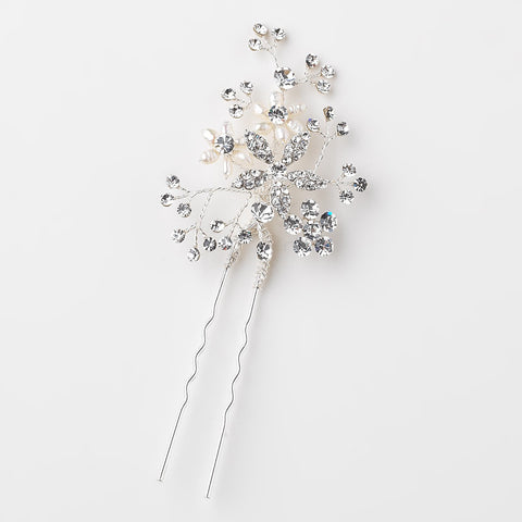 Silver Clear Rhinestone & Freshwater Pearl Flower Bridal Wedding Hair Pin 125