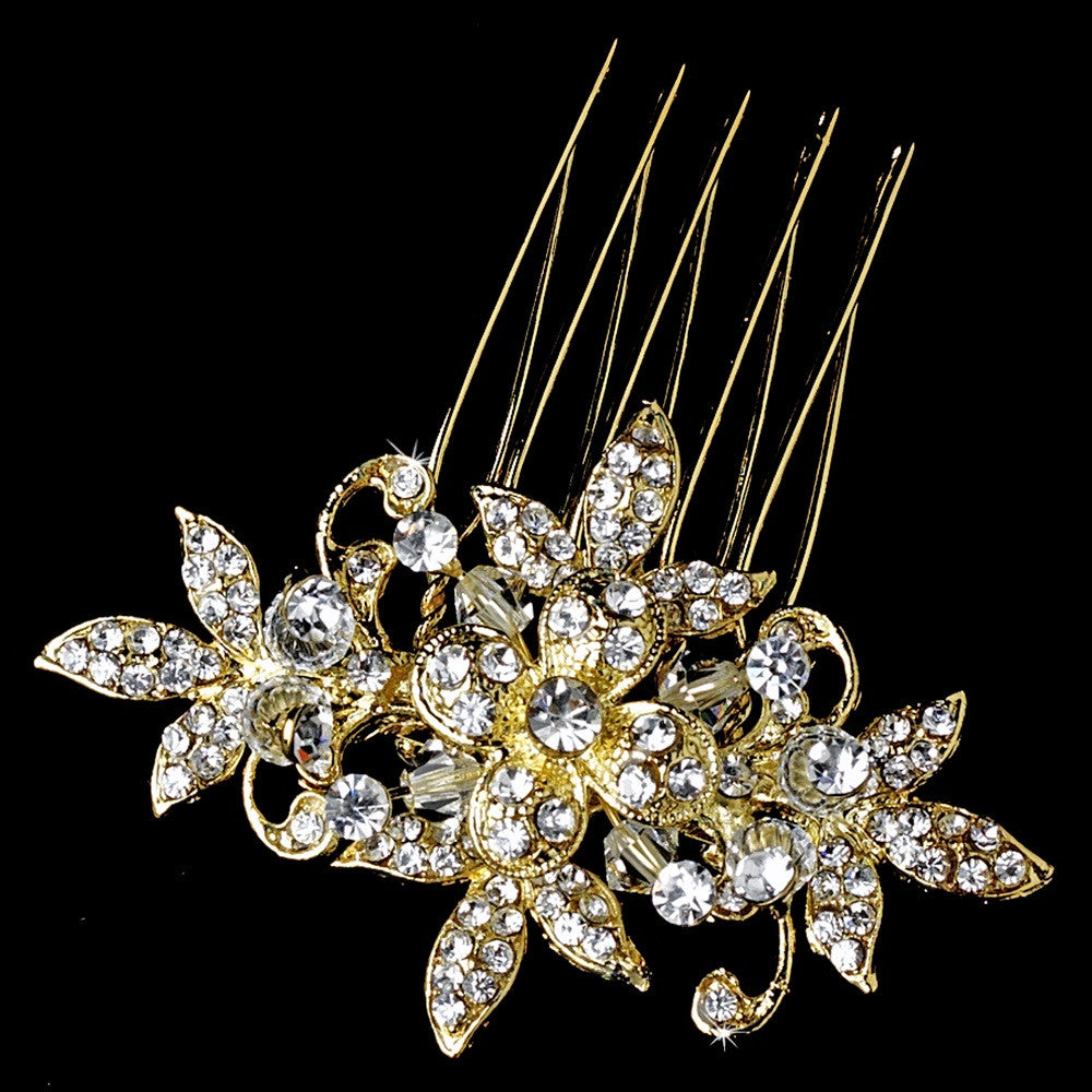 Stunning Clear Rhinestone & Crystal Flower Gold Bridal Wedding Hair Pin 1583