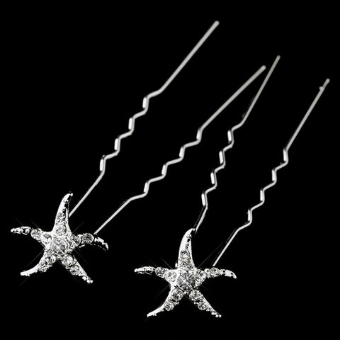 Silver Clear Rhinestone Starfish Bridal Wedding Hair Pin 2118 (Set of 2)