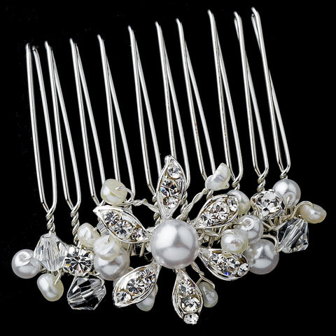 Silver White Pearl & Rhinestone Bridal Wedding Hair Accent Pin 3912