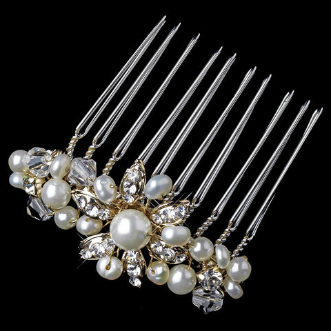 Gold Ivory Pearl & Rhinestone Bridal Wedding Hair Comb Pin 3912