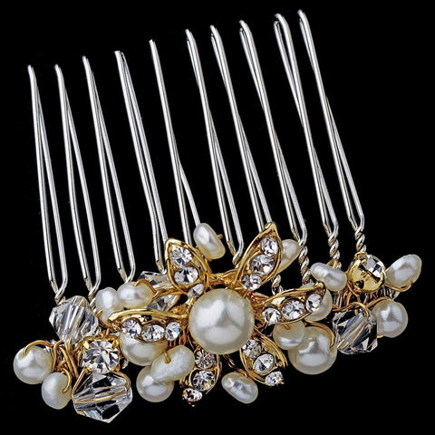 Gold Ivory Pearl & Rhinestone Bridal Wedding Hair Comb Pin 3912