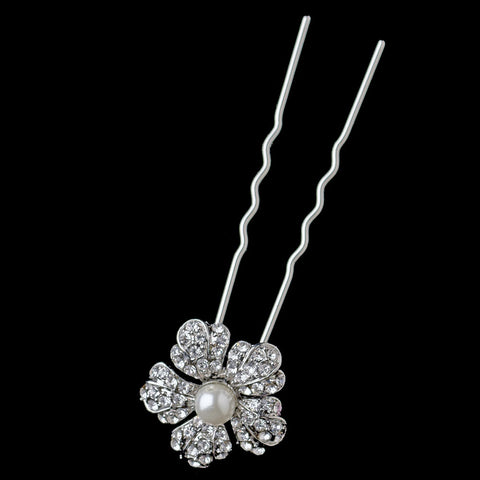 Rhodium Diamond White Pearl & Rhinestone Flower Bridal Wedding Hair Pin