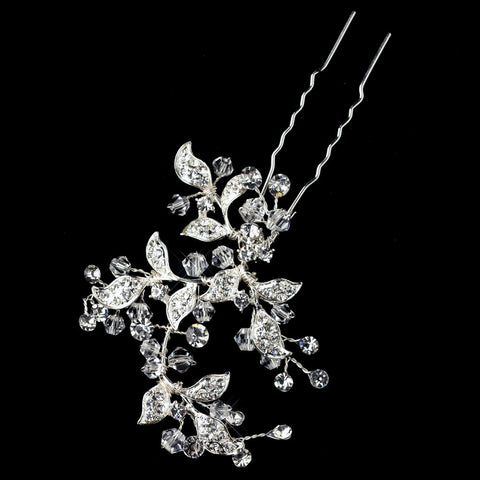 Silver Clear Rhinestone & Swarovski Crystal Leaf Bridal Wedding Hair Pin 9331
