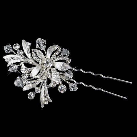 Silver Clear Swarovski Crystal Bead & Rhinestone Floral Bridal Wedding Hair Pin 966
