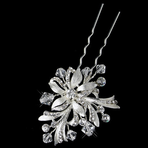 Silver Clear Swarovski Crystal Bead & Rhinestone Floral Bridal Wedding Hair Pin 966