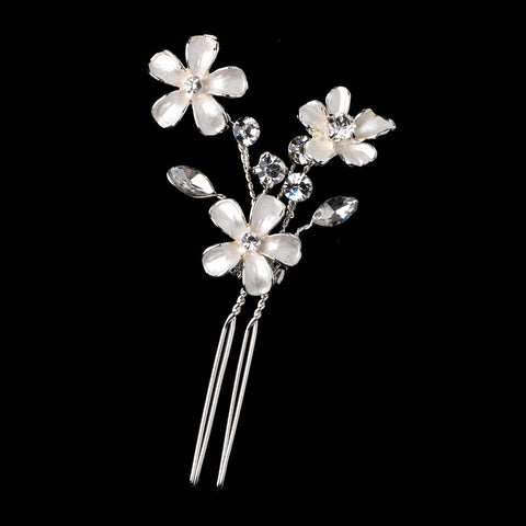 Bridal Wedding White Enamel Flower Silver Hair Pin 5135
