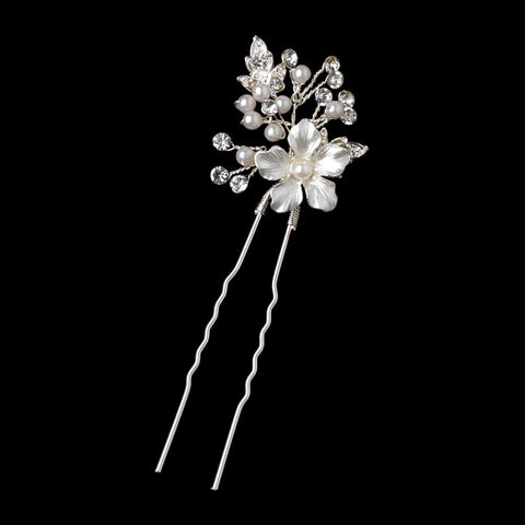 Silver Ivory Pearl & Rhinestone Flower Bridal Wedding Hair Pin 80