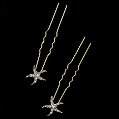 Light Gold Clear Rhinestone Starfish Bridal Wedding Hair Pin 2118 (Set of 2)