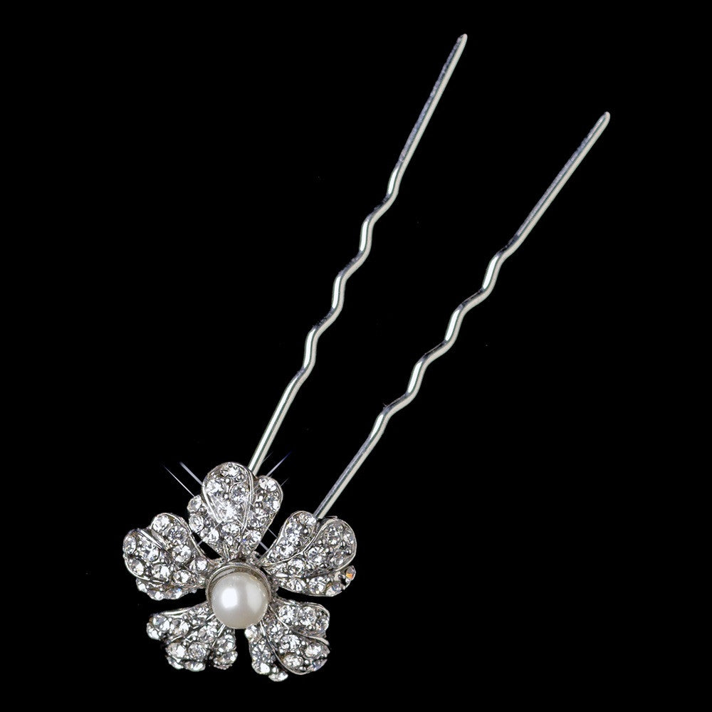 Rhodium Diamond White Flower Pearl Bridal Wedding Hair Pin 3422
