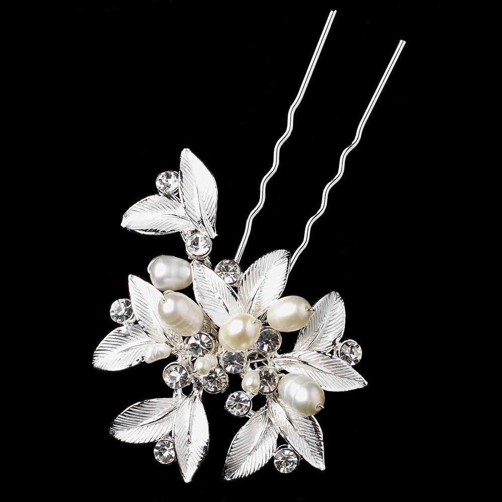 Silver Floral Leaf Freshwater Pearl & Rhinestone Pin 99