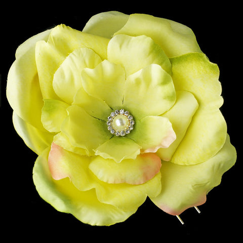 Light Green & Peach Flower Bridal Wedding Hair Pin with Rhinestone Accents