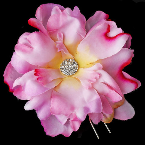 Pink Flower Bridal Wedding Hair Pin with Rhinestone & Pearl Accents