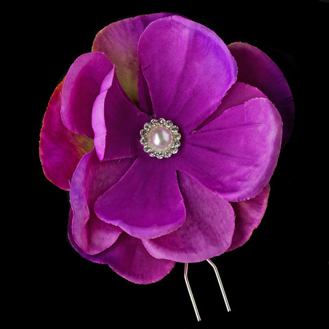 Purple Flower Bridal Wedding Hair Pin with Rhinestone & Pearl Accents