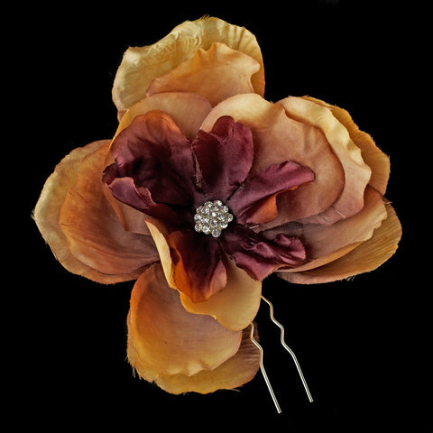 Coffee Brown Flower Bridal Wedding Hair Pin with Rhinestone Accents