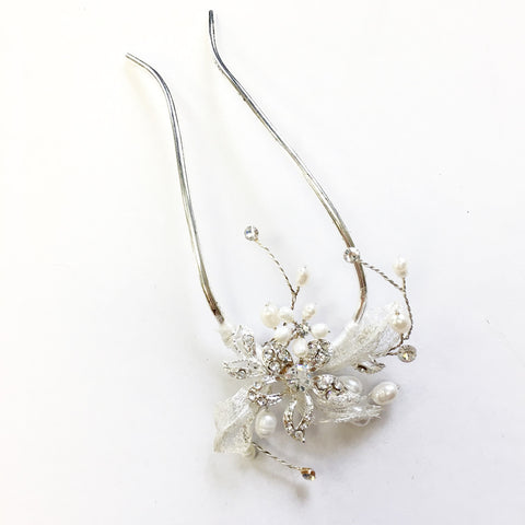 Silver Clear Bridal Wedding Hair Pin with Rhinestones & Freshwater Pearls