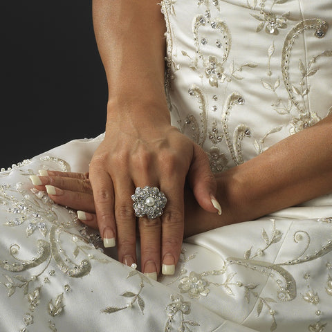 Gorgeous Silver Clear Rhinestone & White Faux Pearl Stretch Bridal Wedding Ring 7