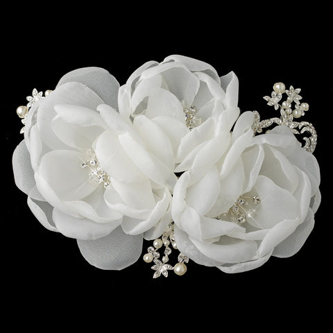 Diamond White Sheer Organza Triple Flower Bridal Wedding Hair Clip