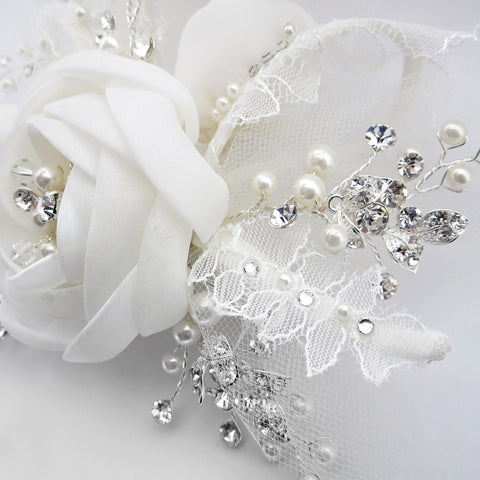 Diamond White Lace, Tulle & Satin Flower Bridal Wedding Hair Clip