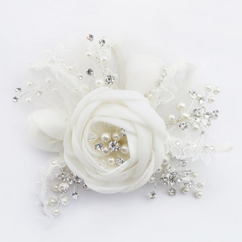 Diamond White Lace, Tulle & Satin Flower Bridal Wedding Hair Clip