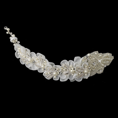 Silver Diamond White Floral Organza Bridal Wedding Hair Clip