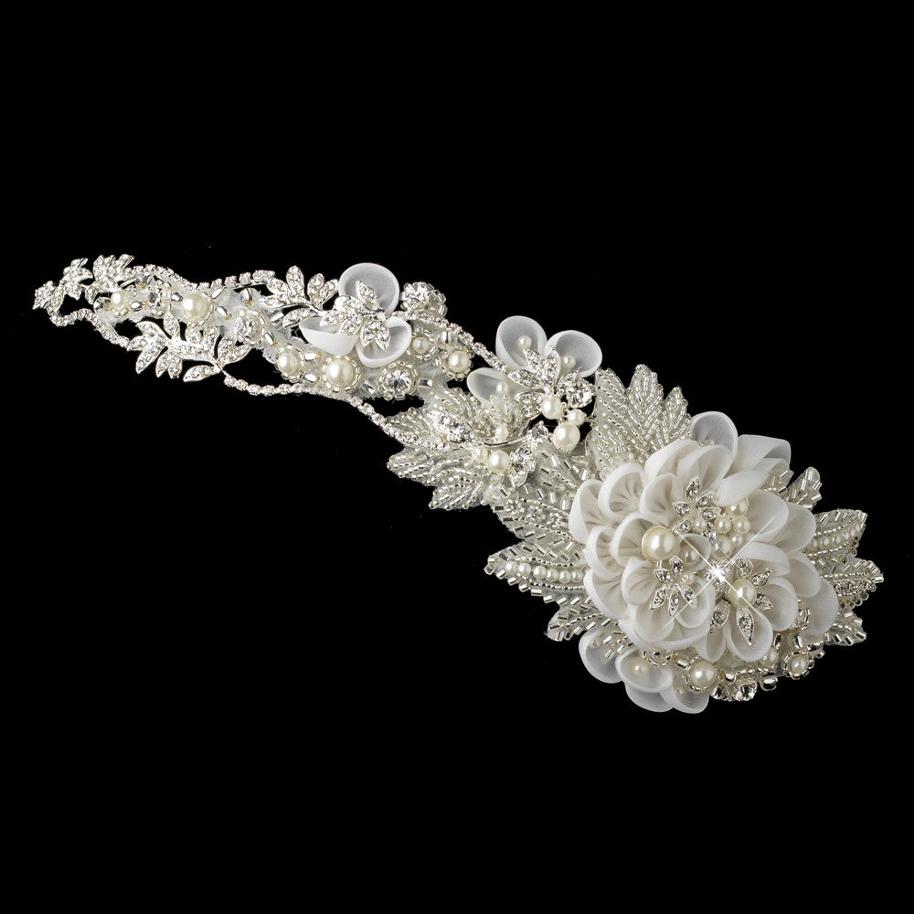 Silver Diamond White Organza Bridal Wedding Side Headband