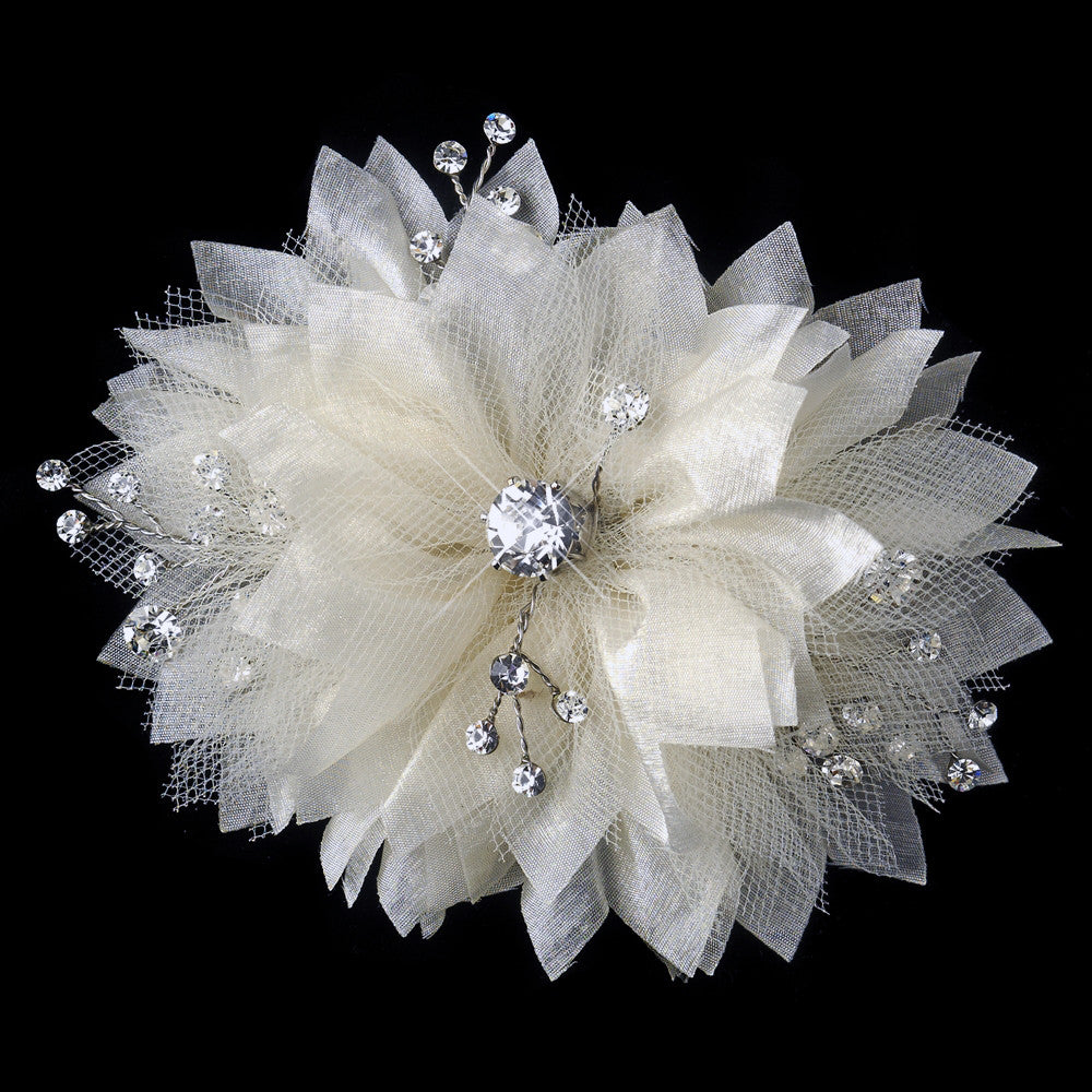 Champagne Tulle & Sheer Organza Flower Bridal Wedding Hair Clip