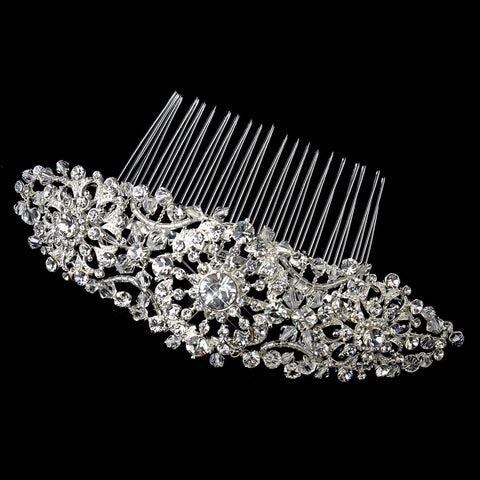 Silver Floral Art Deco Rhinestone Bridal Wedding Hair Comb