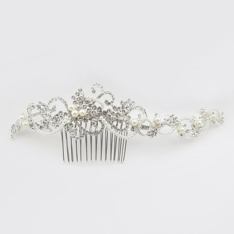 Silver Diamond White Pearl & Rhinestone Baroque Swirl Bridal Wedding Hair Comb