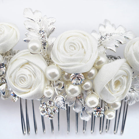 Silver Diamond White Satin Rose Bridal Wedding Hair Comb